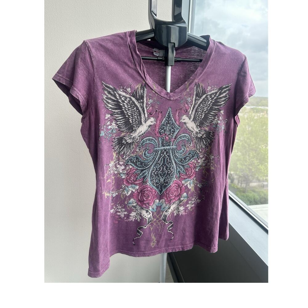 Purple cotton y2k grunge style graphic tee Floral V-Neck XL